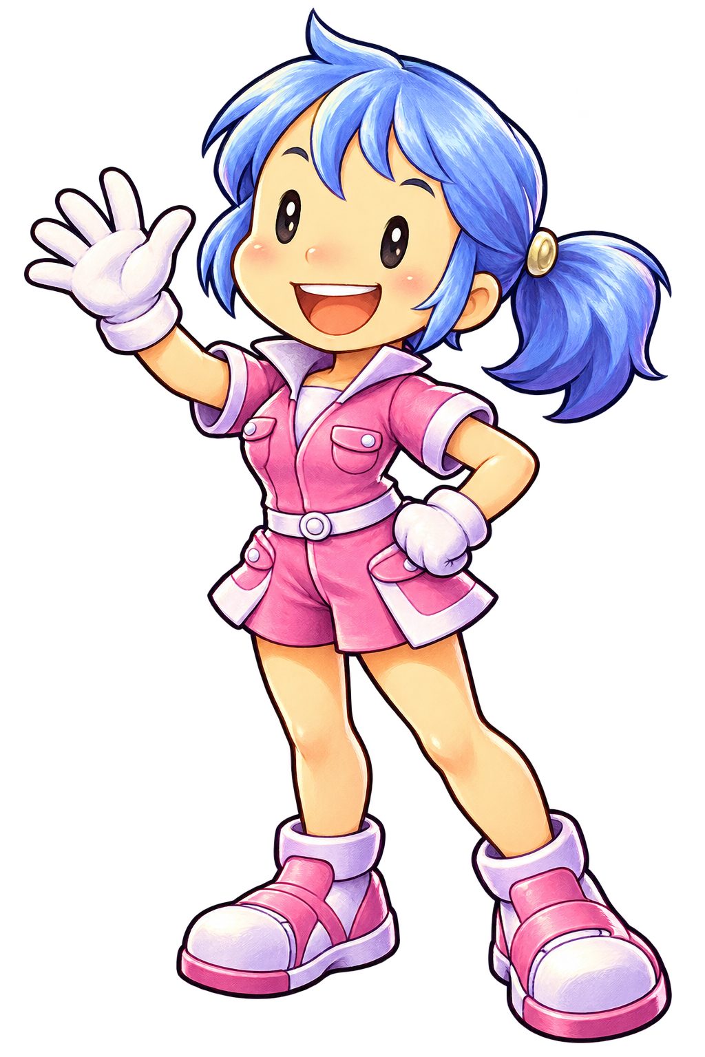 Client-inspired blue-haired driver in a pink outfit waving hello