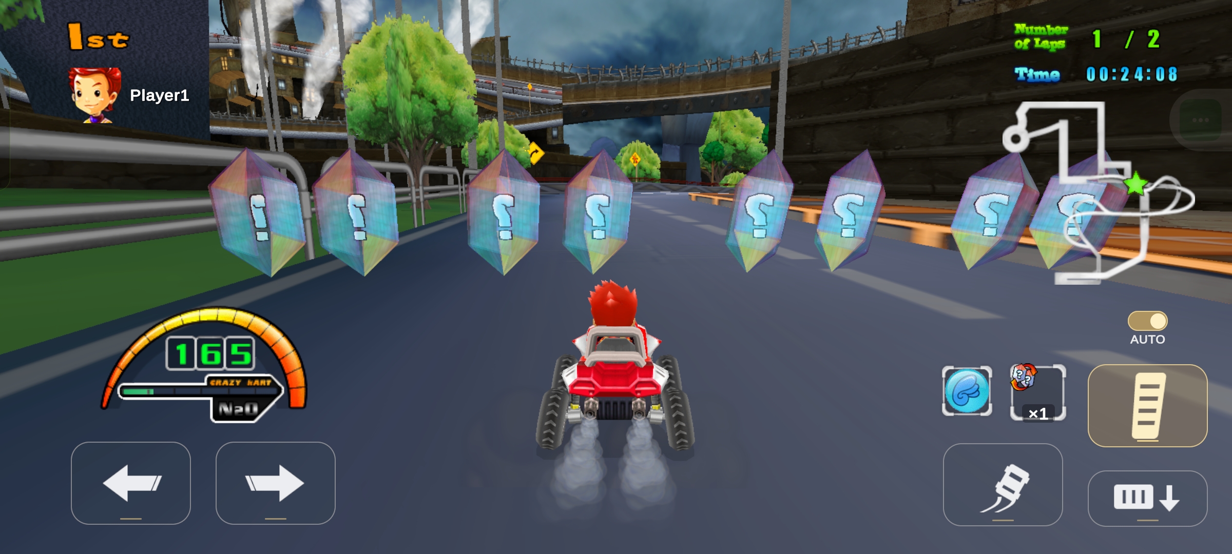 Crazy Kart Mobile development gameplay: a red kart approaching item pickups, with on-screen mobile racing controls