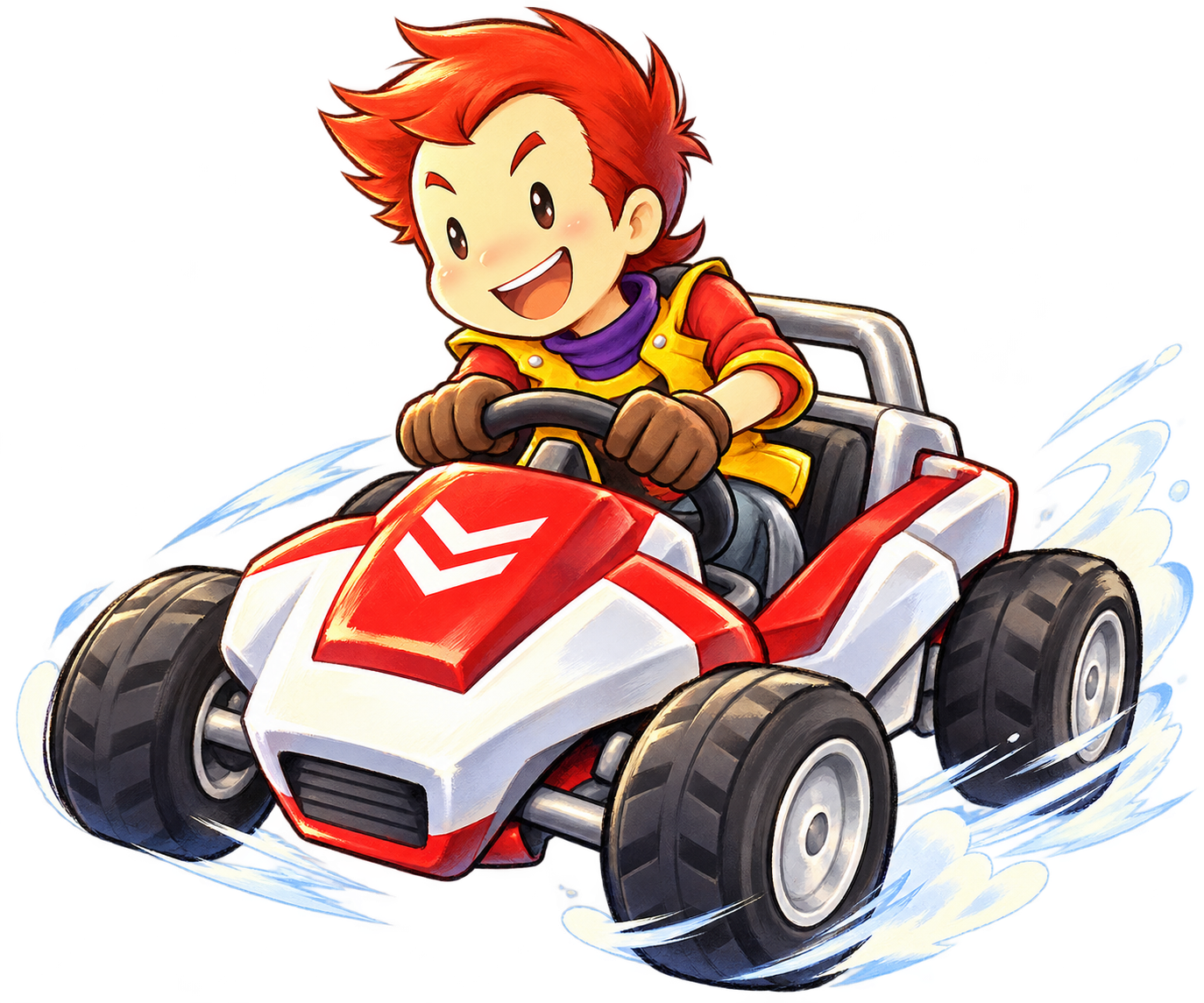 Promotional illustration of the client-inspired red-haired driver racing in the red and white Crazy Kart