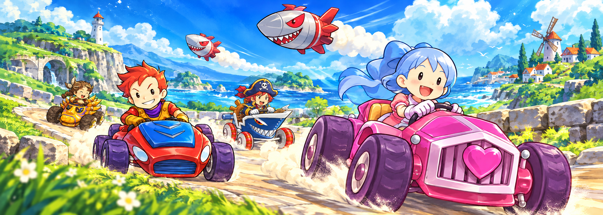 Promotional illustration of four Crazy Kart racers: the blue-haired girl in a pink heart-front kart, red-haired boy in a red kart, brown-haired driver in a tiger kart, and a pirate driving a blue shark kart on a coastal track